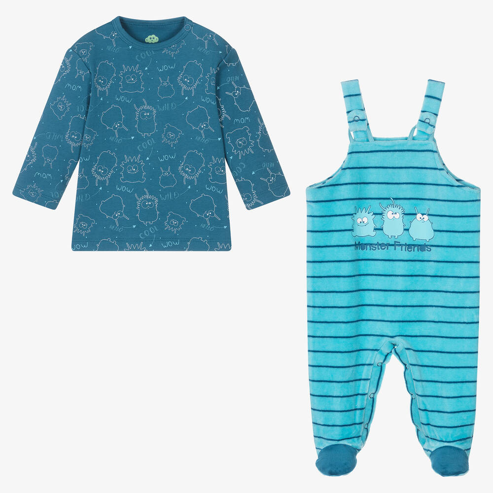 FS Baby-Boys Blue Cotton Monster 2 Piece Babygrow | Childrensalon Outlet