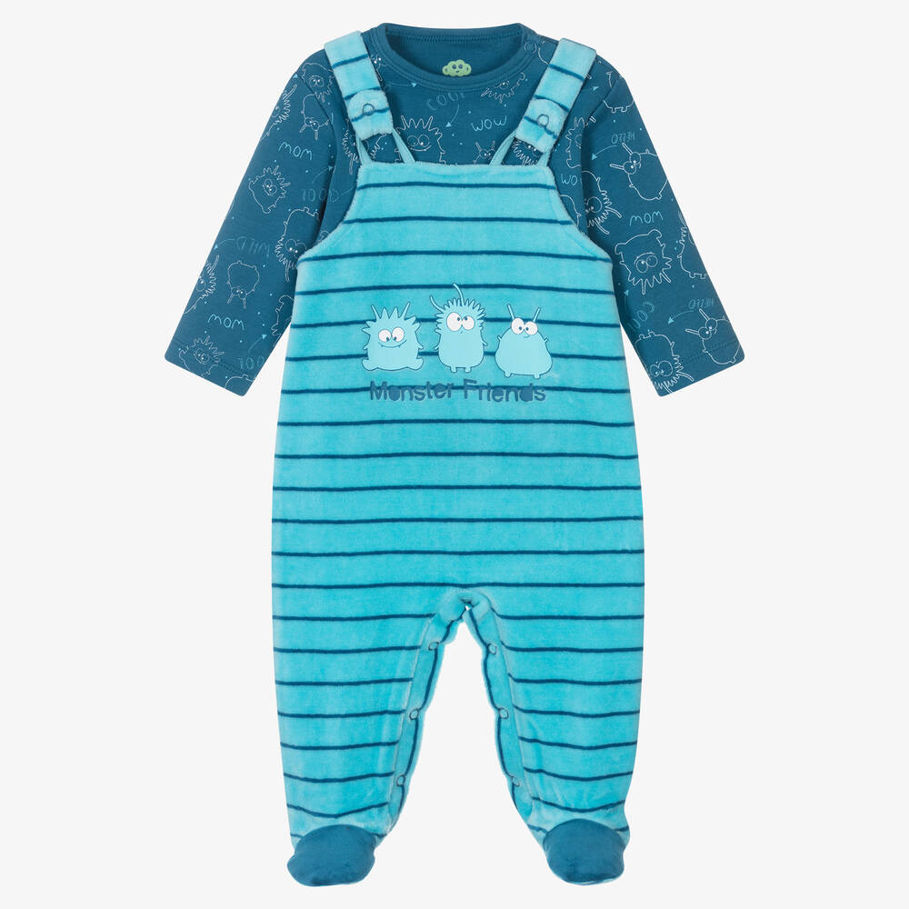 FS Baby - Boys Blue Cotton Monster 2 Piece Babygrow | Childrensalon