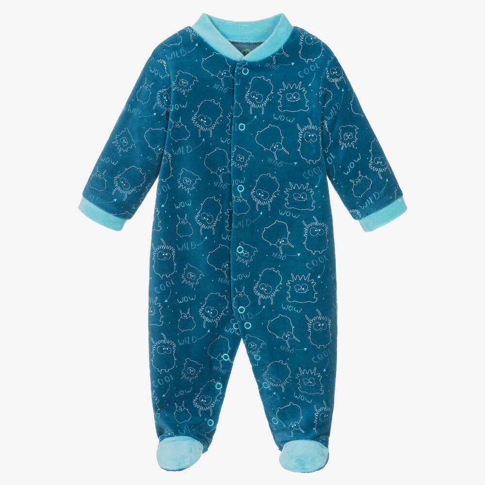 FS Baby - Boys Blue Cotton Velour Monster Babygrow | Childrensalon