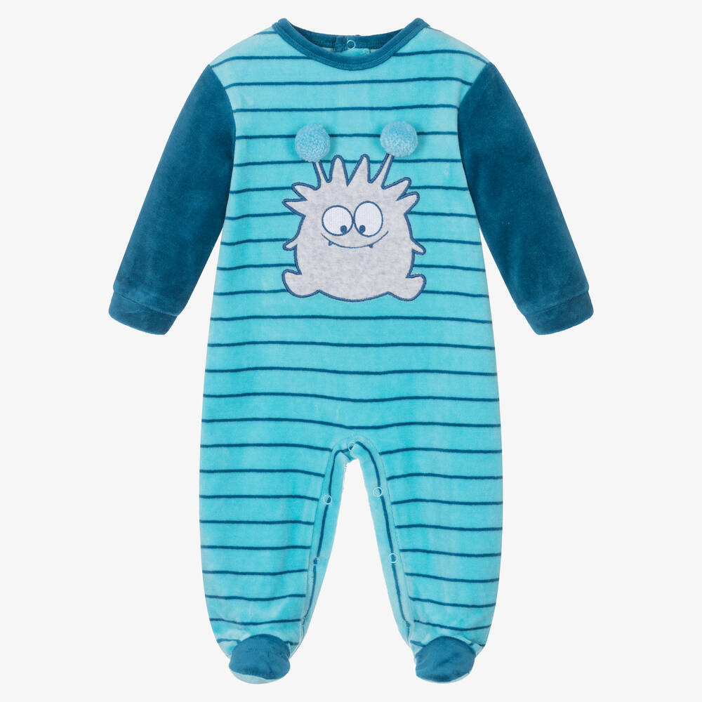 FS Baby - Boys Blue Striped Velour Monster Babygrow | Childrensalon
