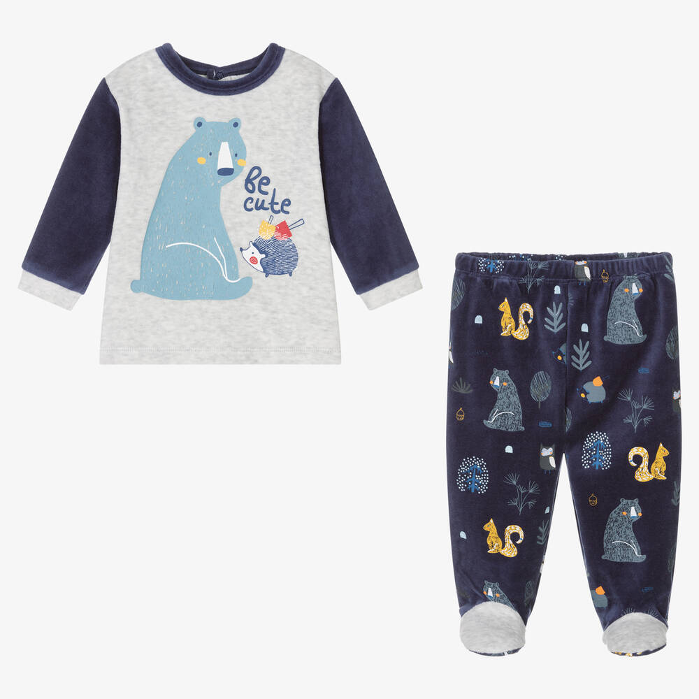 FS Baby-Boys Blue Velour 2 Piece Babygrow | Childrensalon Outlet