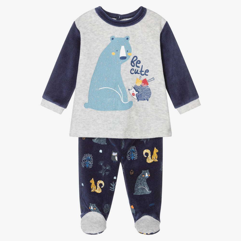 FS Baby - Boys Blue Velour 2 Piece Babygrow | Childrensalon