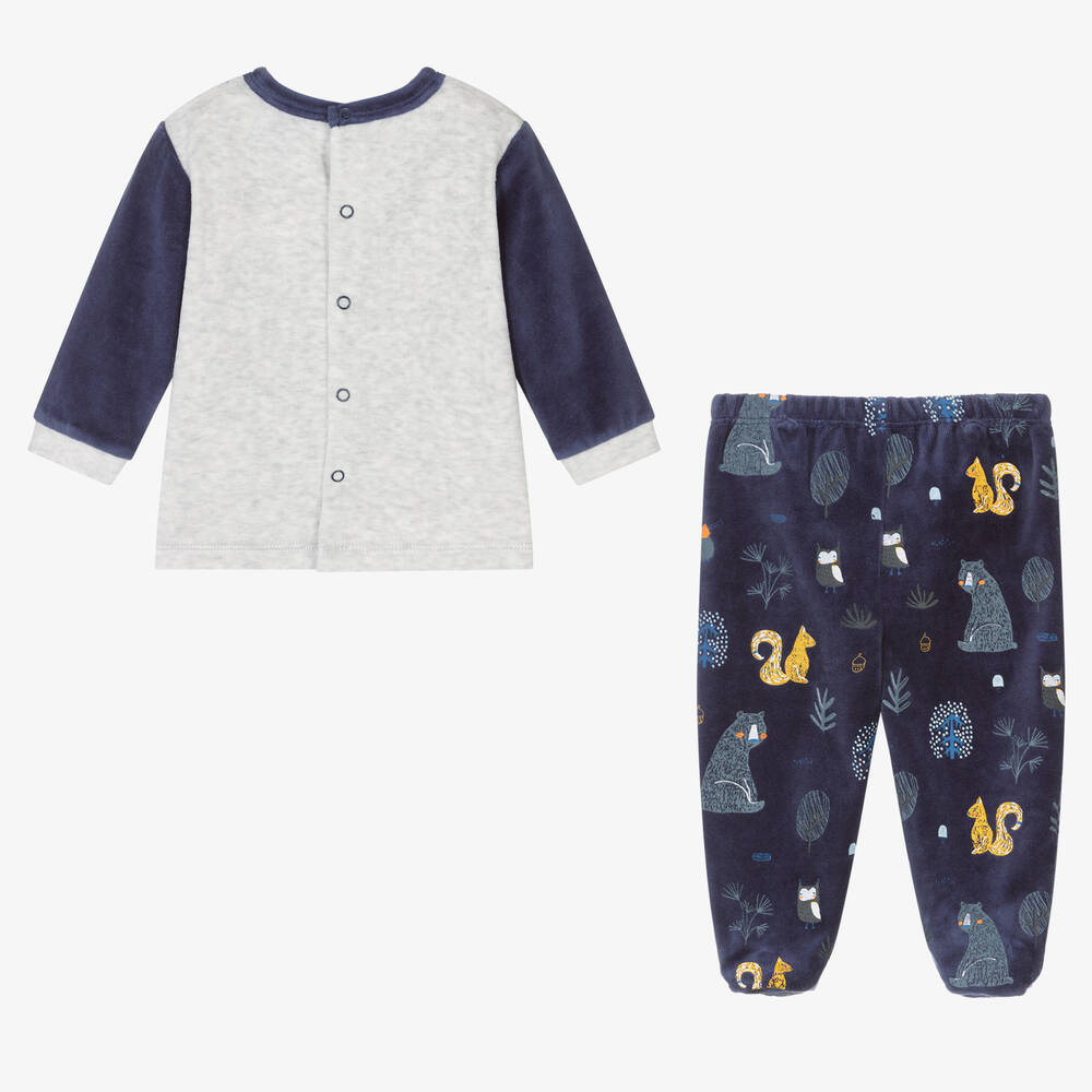 FS Baby-Boys Blue Velour 2 Piece Babygrow | Childrensalon Outlet