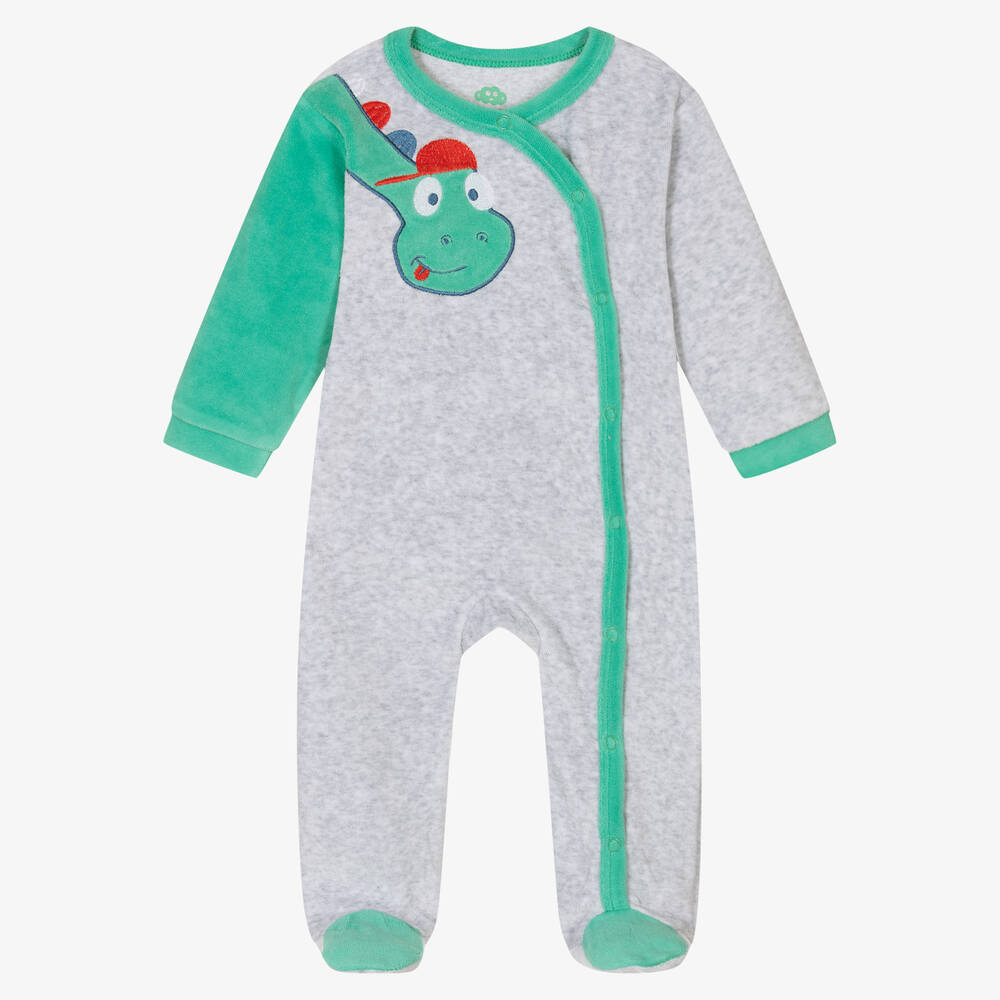 FS Baby - Boys Grey Dinosaur Velour Babygrow | Childrensalon