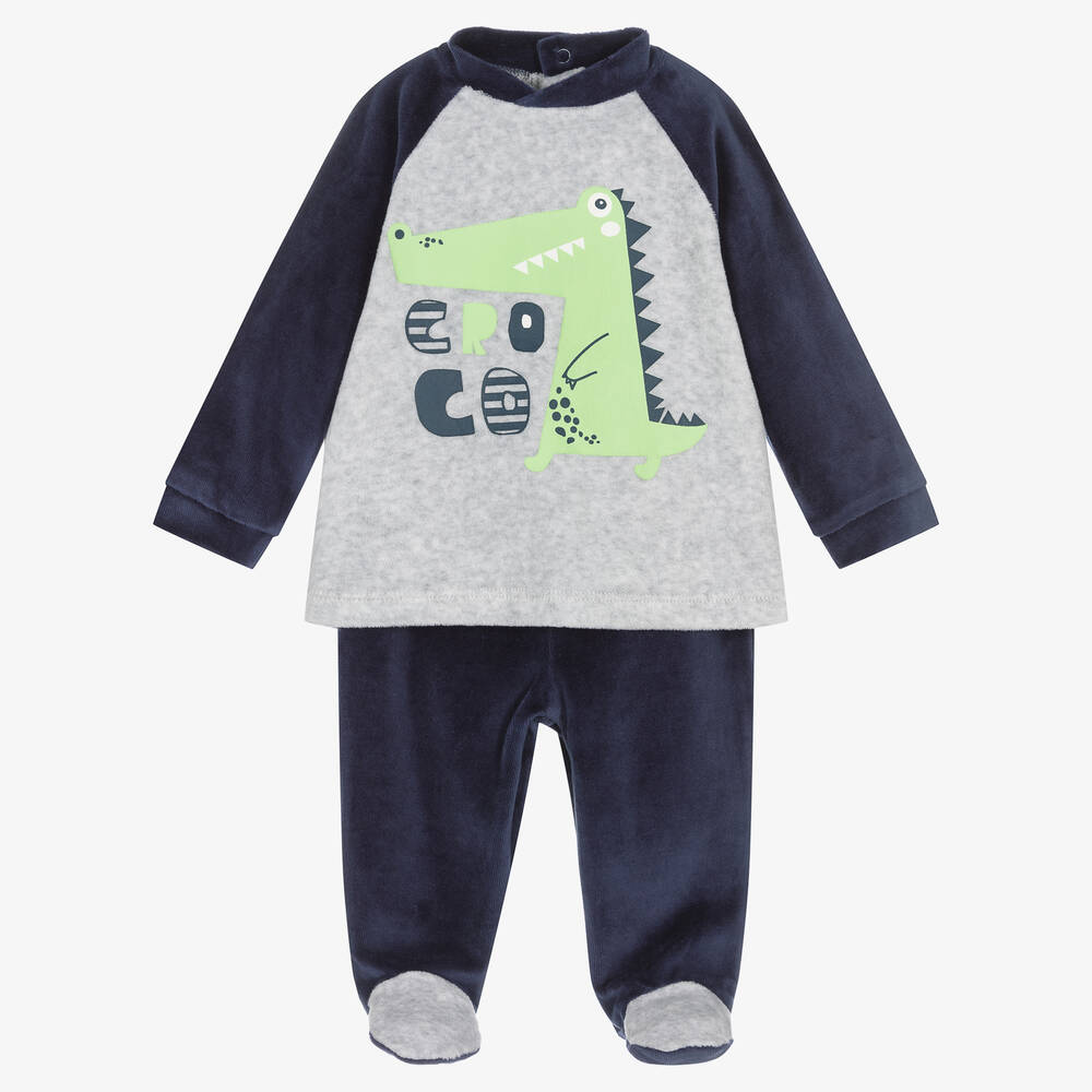 FS Baby - Boys Grey & Navy Blue 2 Piece Babygrow | Childrensalon