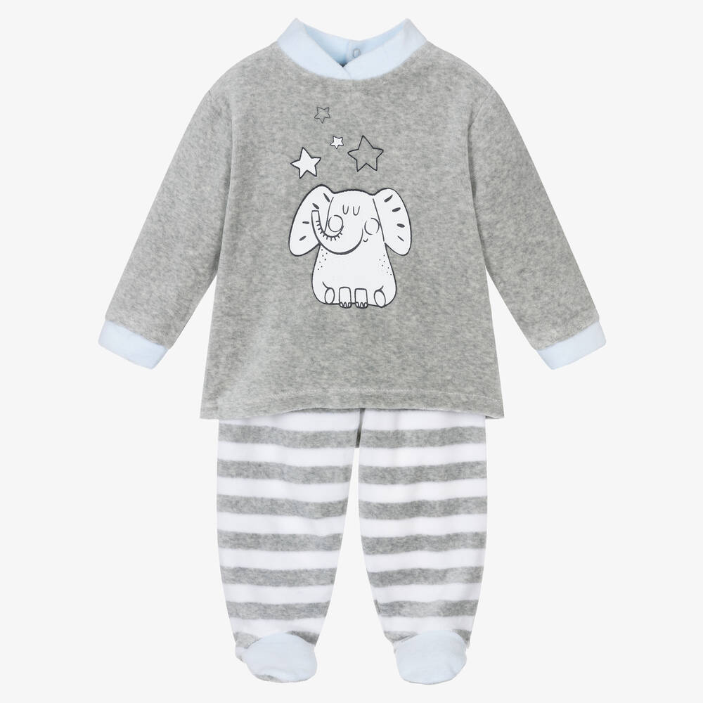 FS Baby - Boys Grey Velour Elephant 2 Piece Babygrow | Childrensalon