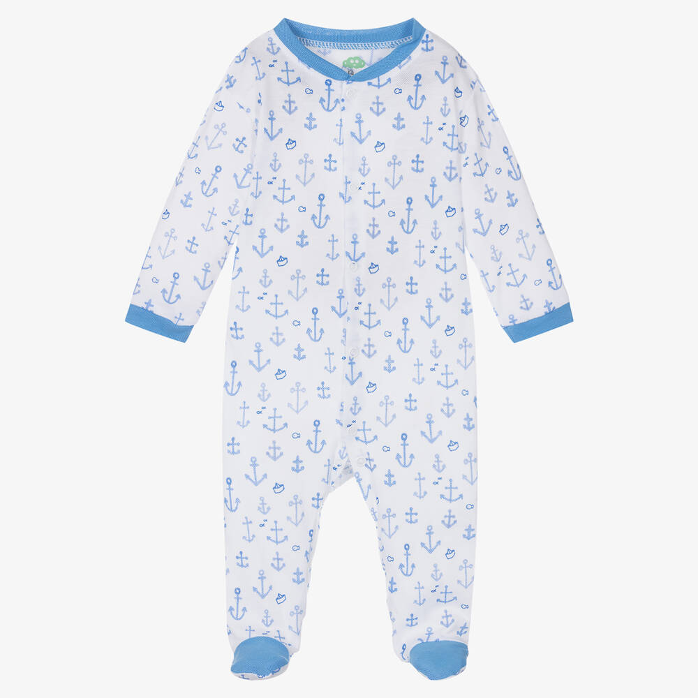 FS Baby - Boys White & Blue Anchor Cotton Babygrow | Childrensalon