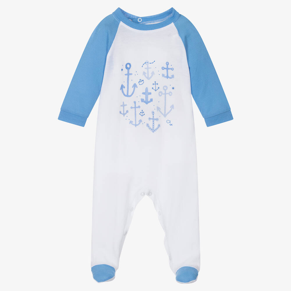 FS Baby - Boys White & Blue Cotton Babygrow | Childrensalon