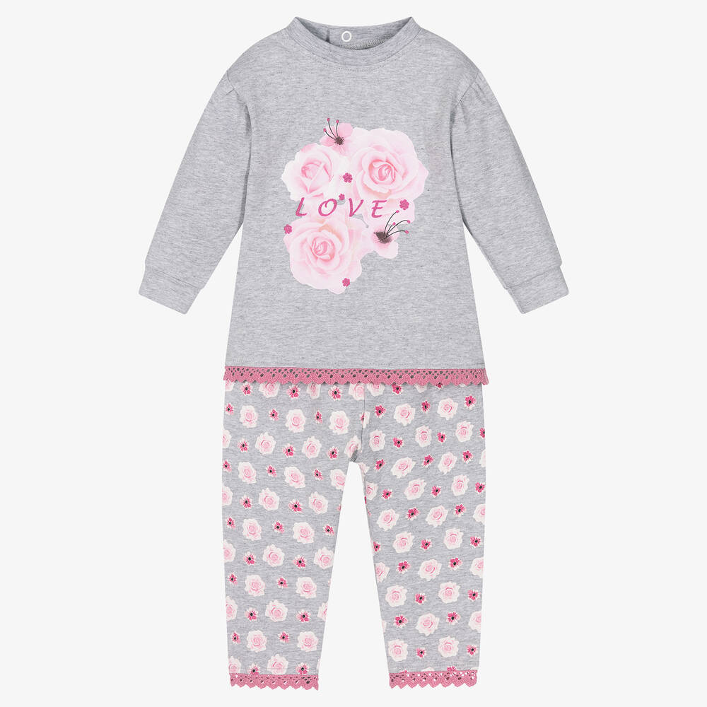 FS Baby - Girls Grey & Pink Floral Trouser Set | Childrensalon