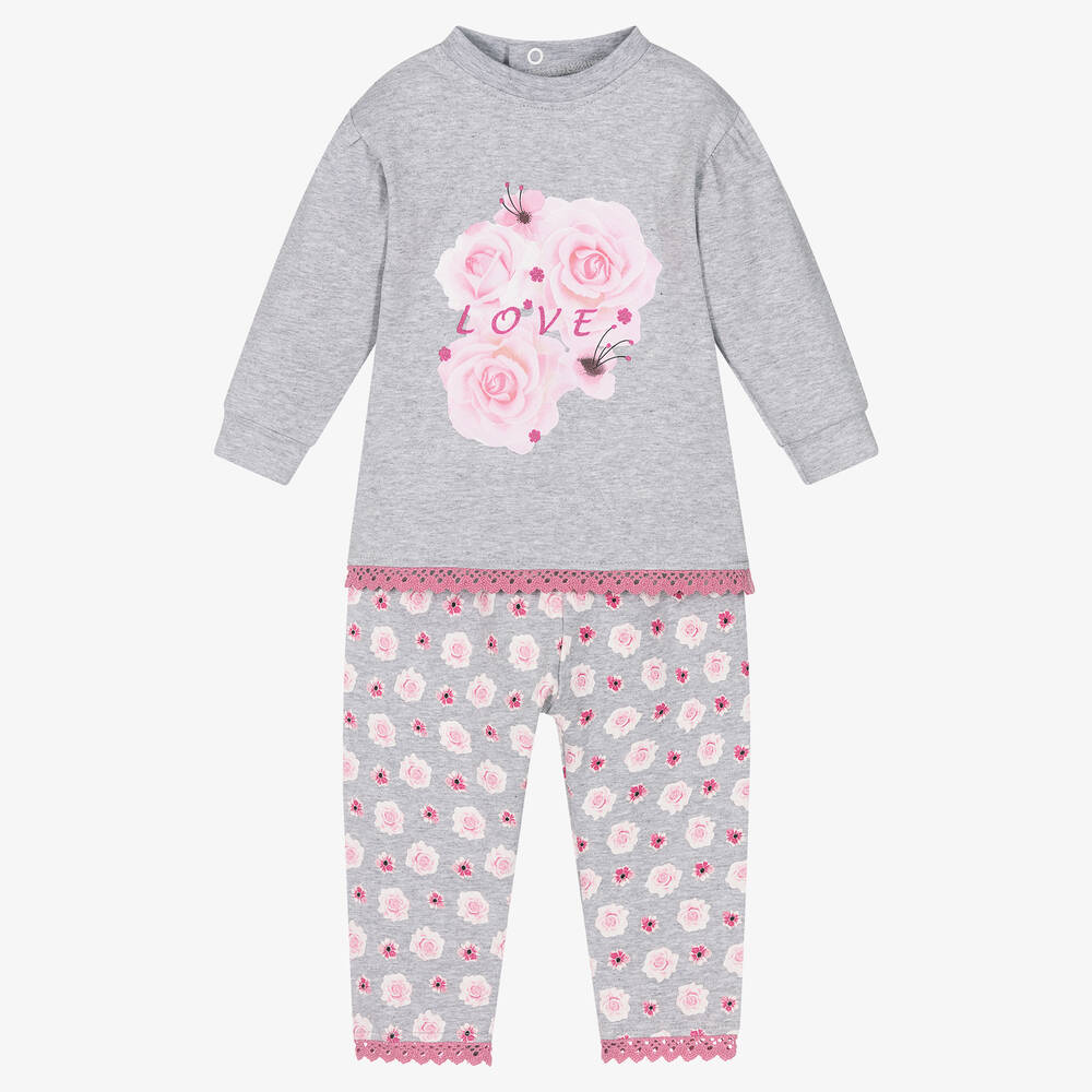 FS Baby-Girls Grey & Pink Floral Trouser Set | Childrensalon Outlet