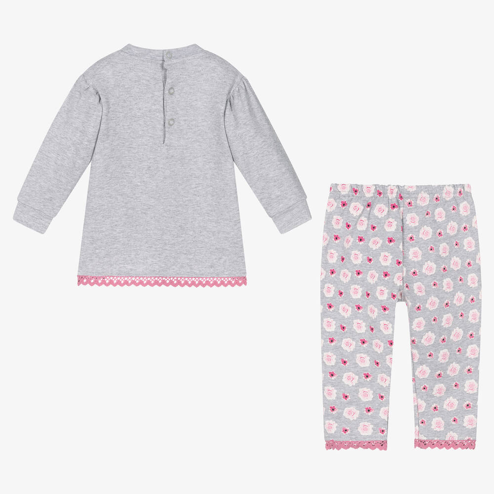 إف إس بيبي-Girls Grey & Pink Floral Trouser Set | Childrensalon Outlet