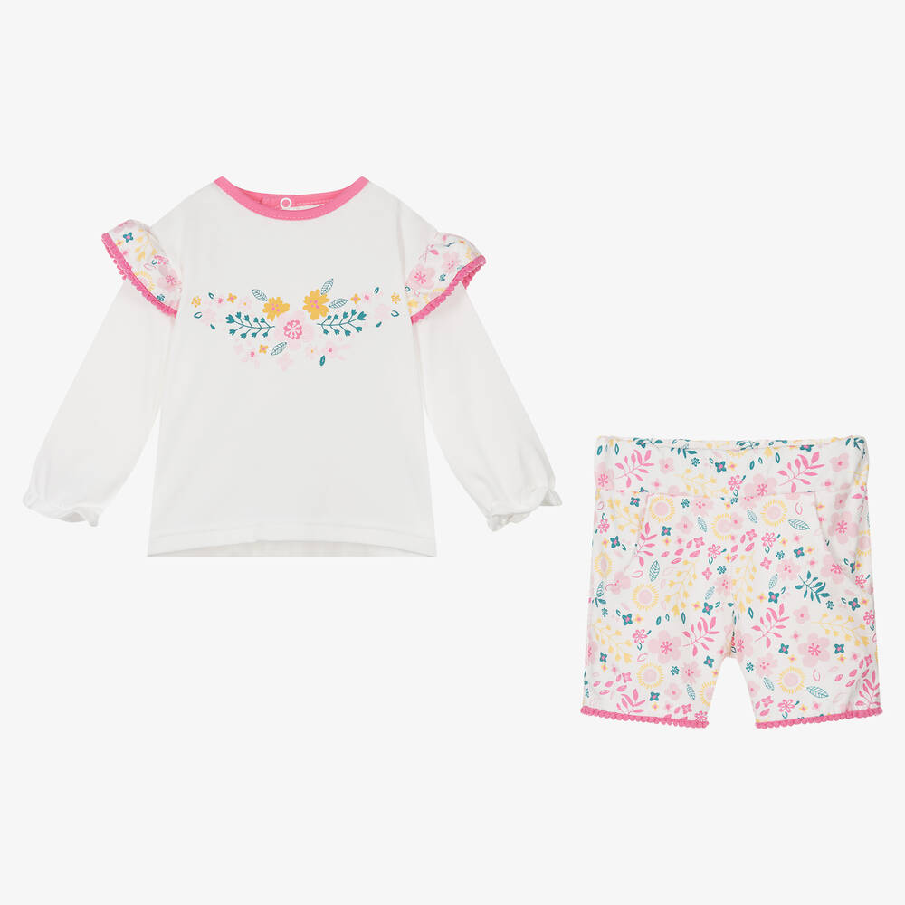 FS Baby-Girls Ivory & Pink Floral Cotton Shorts Set | Childrensalon Outlet