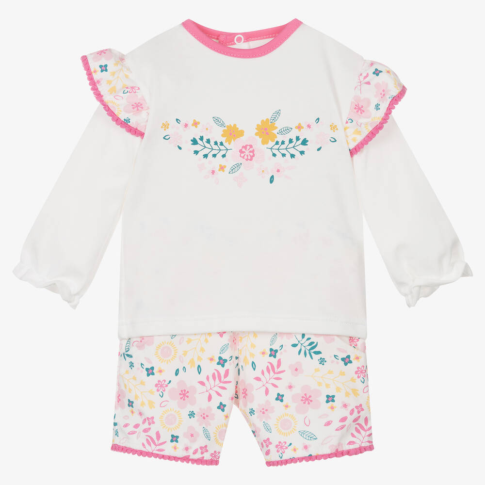 FS Baby - Girls Ivory & Pink Floral Cotton Shorts Set | Childrensalon