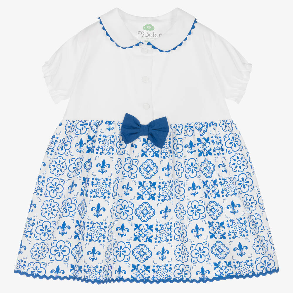 FS Baby - Girls White & Blue Cotton Dress | Childrensalon