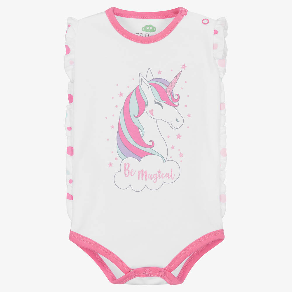 FS Baby - Girls White Cotton Unicorn Bodyvest | Childrensalon