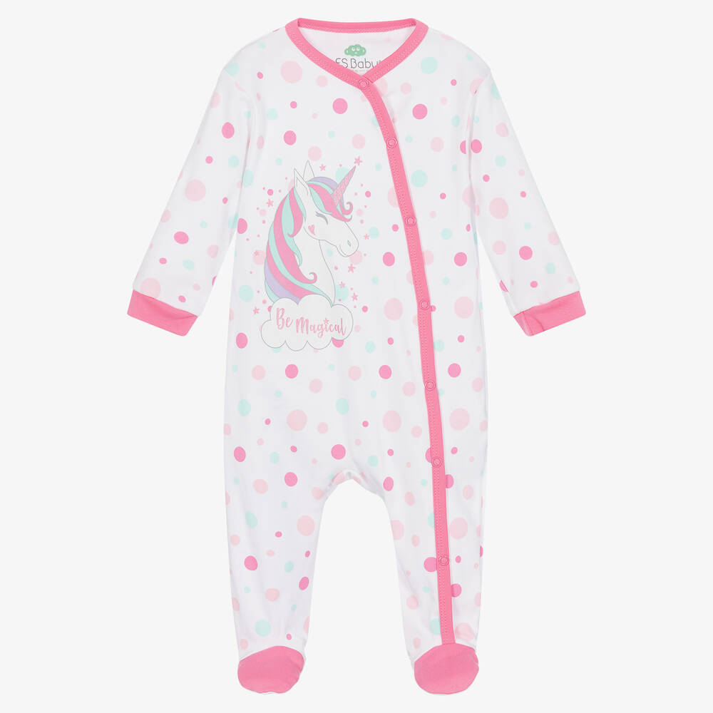 FS Baby - Girls White & Pink Unicorn Babygrow | Childrensalon