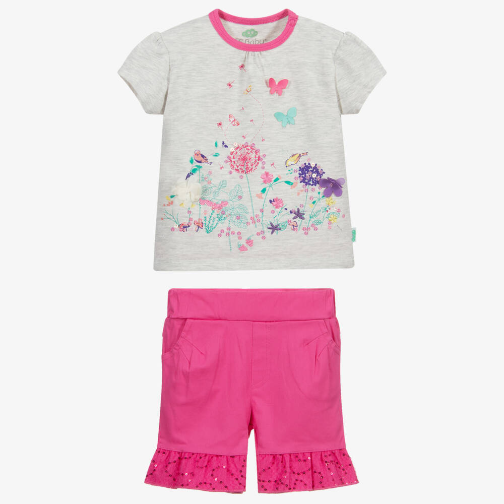 FS Baby-Pink & Grey Cotton Shorts Set | Childrensalon Outlet