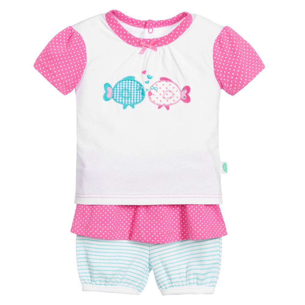 FS Baby-شورت وتوب قطن لون زهري وأبيض للمولودات | Childrensalon Outlet