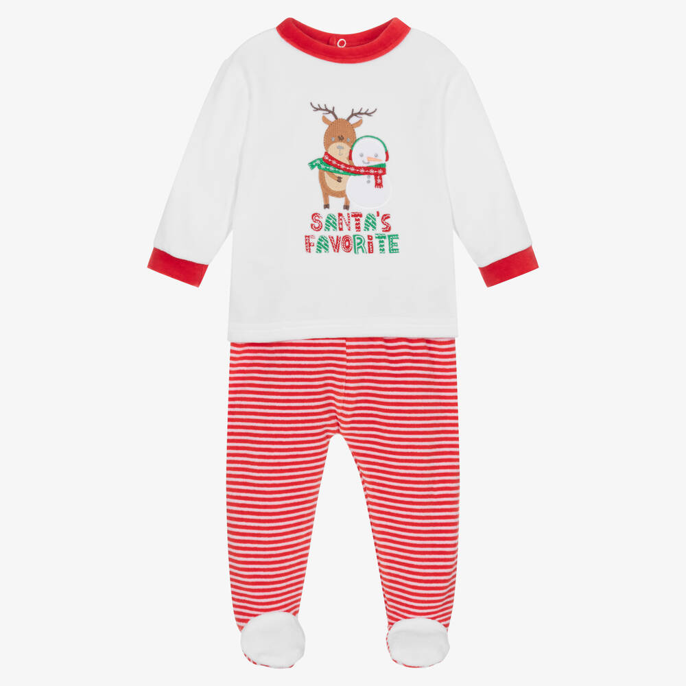 FS Baby - Red & White Velour 2 Piece Babygrow | Childrensalon