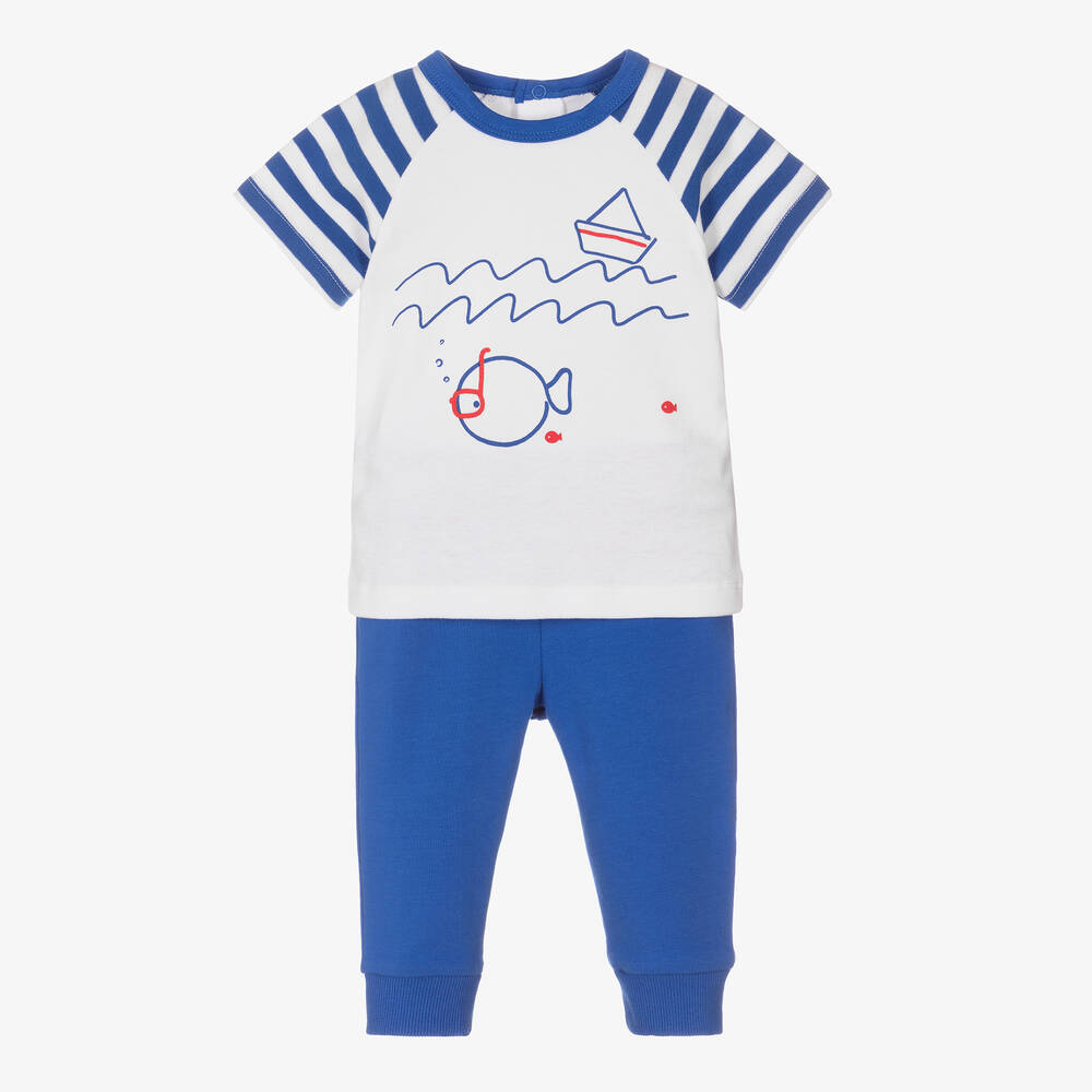 FS Baby - White & Blue Cotton Trouser Set | Childrensalon