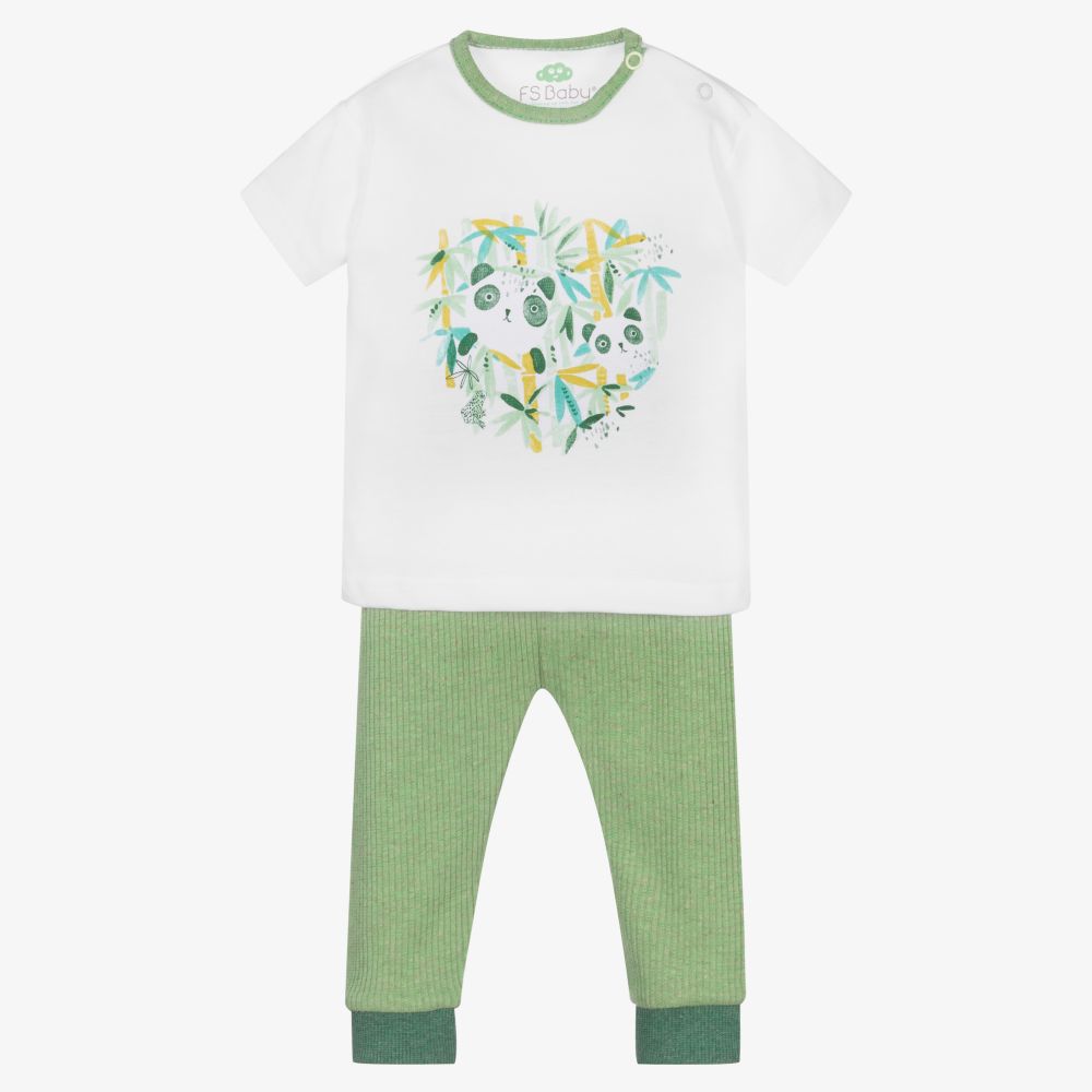FS Baby - White & Green Cotton Trouser Set | Childrensalon