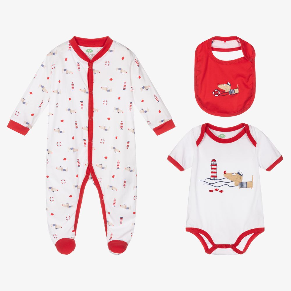FS Baby - White & Red Cotton Babysuit Set | Childrensalon