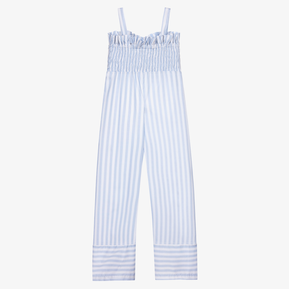 Fun & Fun-جمبسوت قطن بوبلين مقلم لون أزرق وأبيض للبنات | Childrensalon Outlet