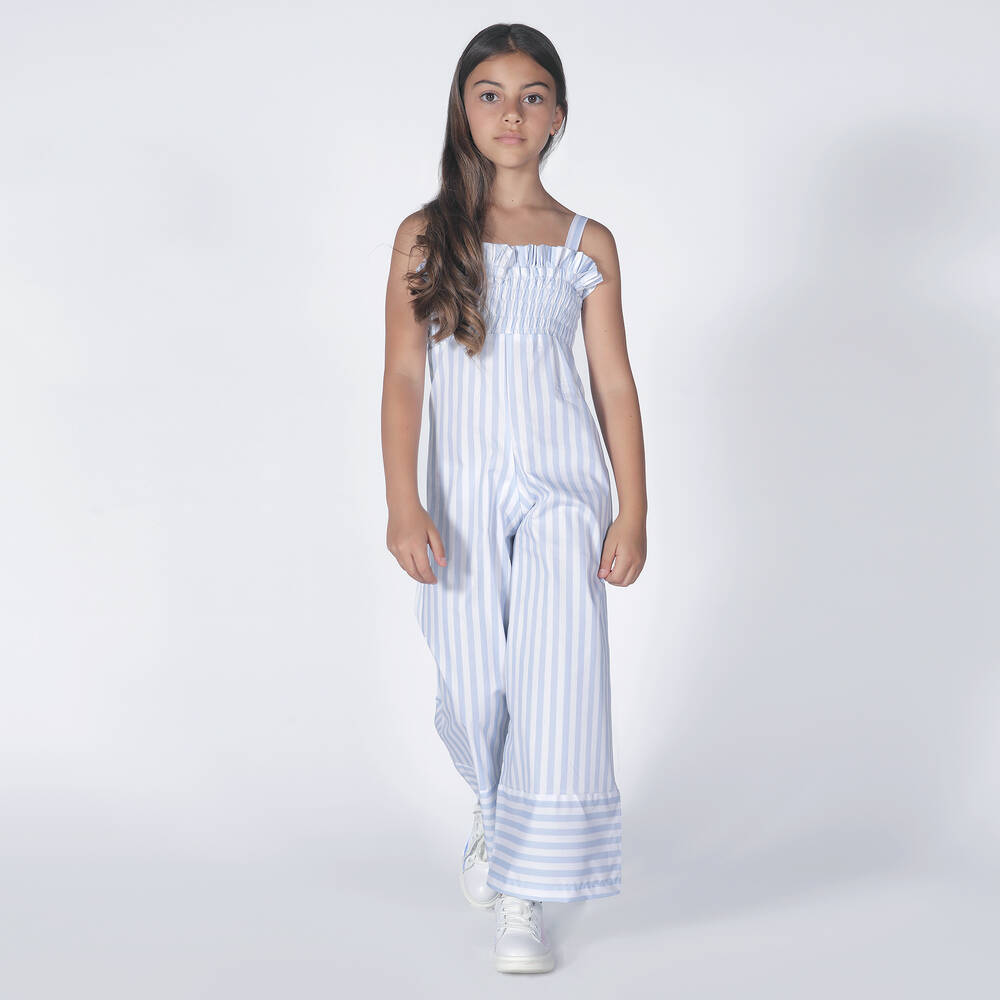 Fun & Fun-جمبسوت قطن بوبلين مقلم لون أزرق وأبيض للبنات | Childrensalon Outlet