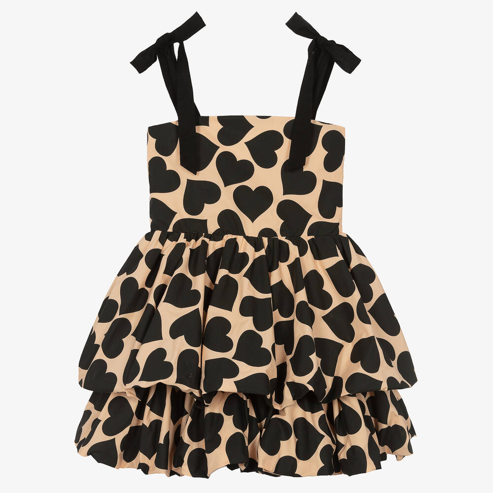 Fun & Fun - Girls Beige & Black Heart Print Cotton Dress | Childrensalon