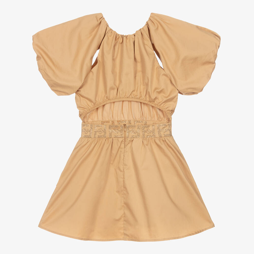 Fun & Fun-Girls Beige Cotton Puff Sleeve Dress | Childrensalon Outlet