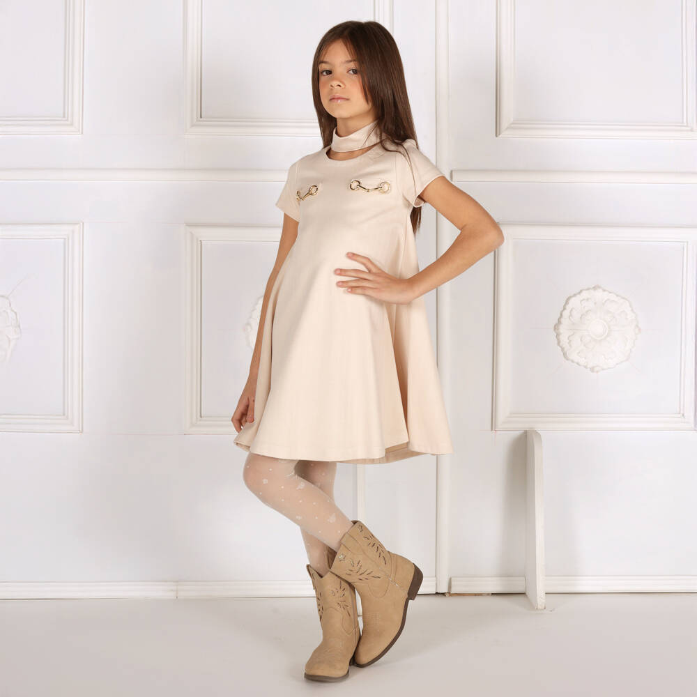 Fun & Fun-Girls Beige Jersey Dress with Gold Horse Bit Detailing | Childrensalon Outlet