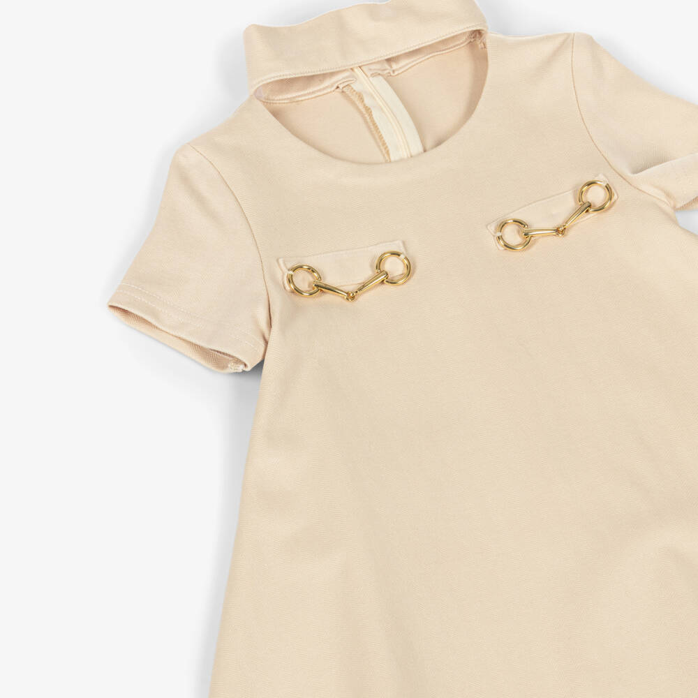 Fun & Fun-Girls Beige Jersey Dress with Gold Horse Bit Detailing | Childrensalon Outlet