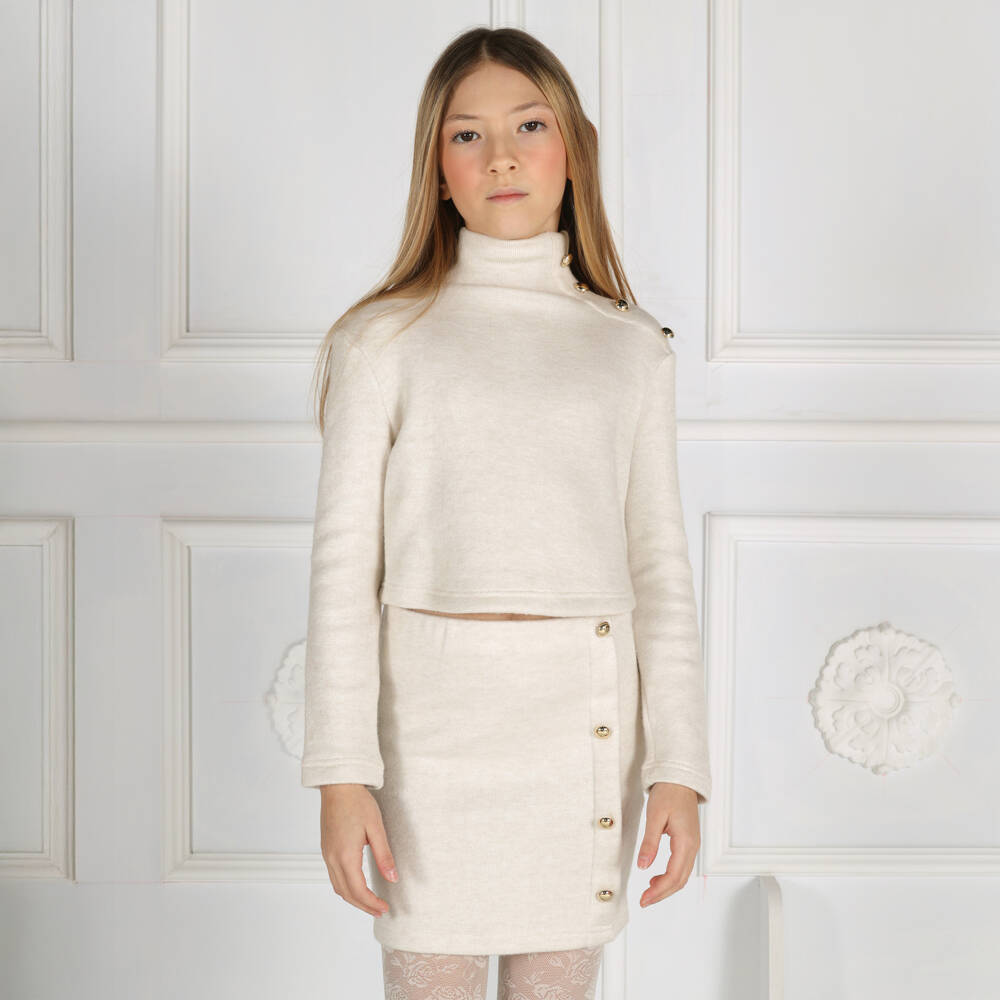 Fun & Fun-Girls Beige Knitted Skirt with Gold Decorative Buttons | Childrensalon Outlet