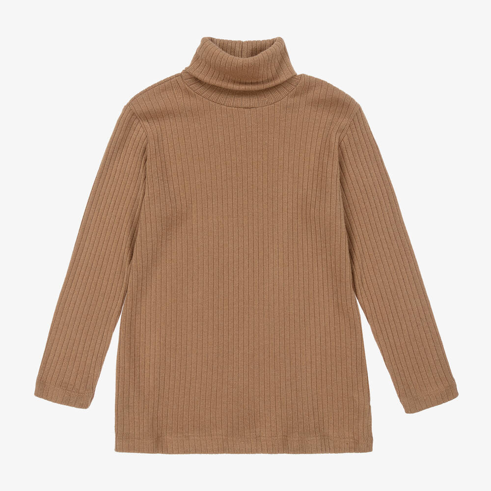 Fun & Fun Chic - Girls Beige Viscose Polo Neck Jumper | Childrensalon