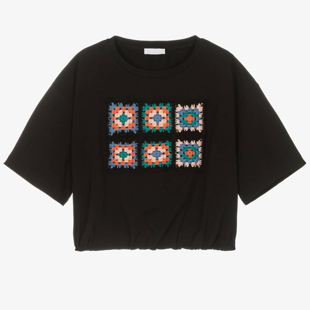 Fun & Fun - T-shirt noir en coton et crochet | Childrensalon