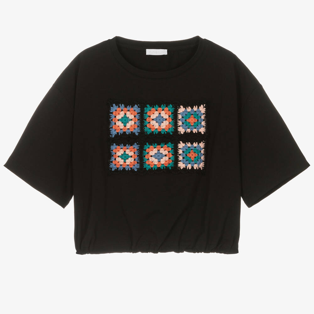 Fun & Fun-Girls Black Cotton Crochet T-Shirt | Childrensalon Outlet