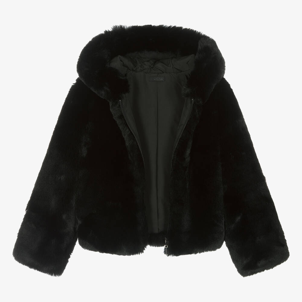 Black fluffy coat with hood sale