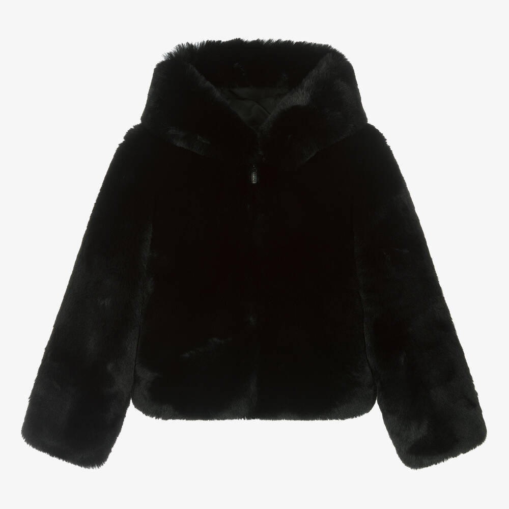 Fun & Fun - Girls Black Faux Fur Hooded Jacket | Childrensalon