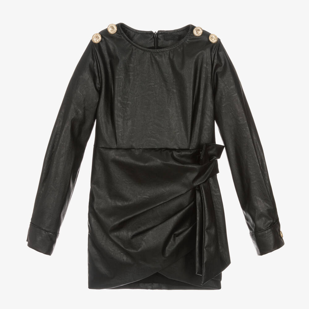 Fun & Fun - Girls Black Faux Leather Wrap Dress | Childrensalon