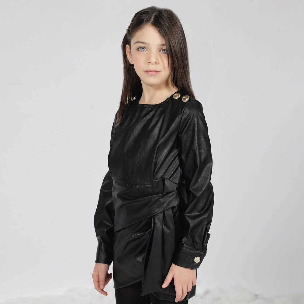 Fun & Fun-Girls Black Faux Leather Wrap Dress | Childrensalon Outlet
