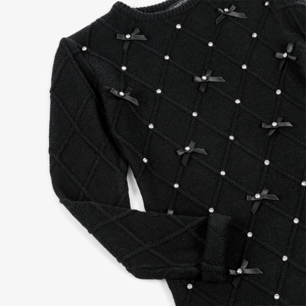 Fun & Fun-فستان محبوك أسود للبنات مع فيونكة ماسية | Childrensalon Outlet
