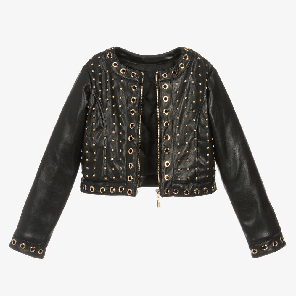 Girls black faux leather jacket top