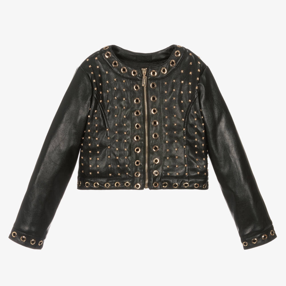 Fun & Fun - Girls Black Studded Faux Leather Jacket | Childrensalon