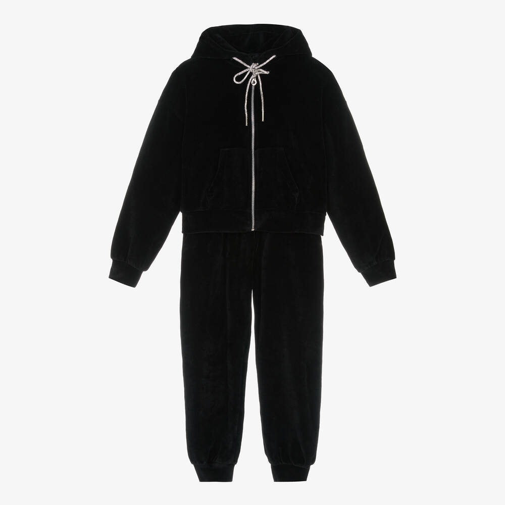 Fun & Fun - Girls Black Velour Tracksuit | Childrensalon