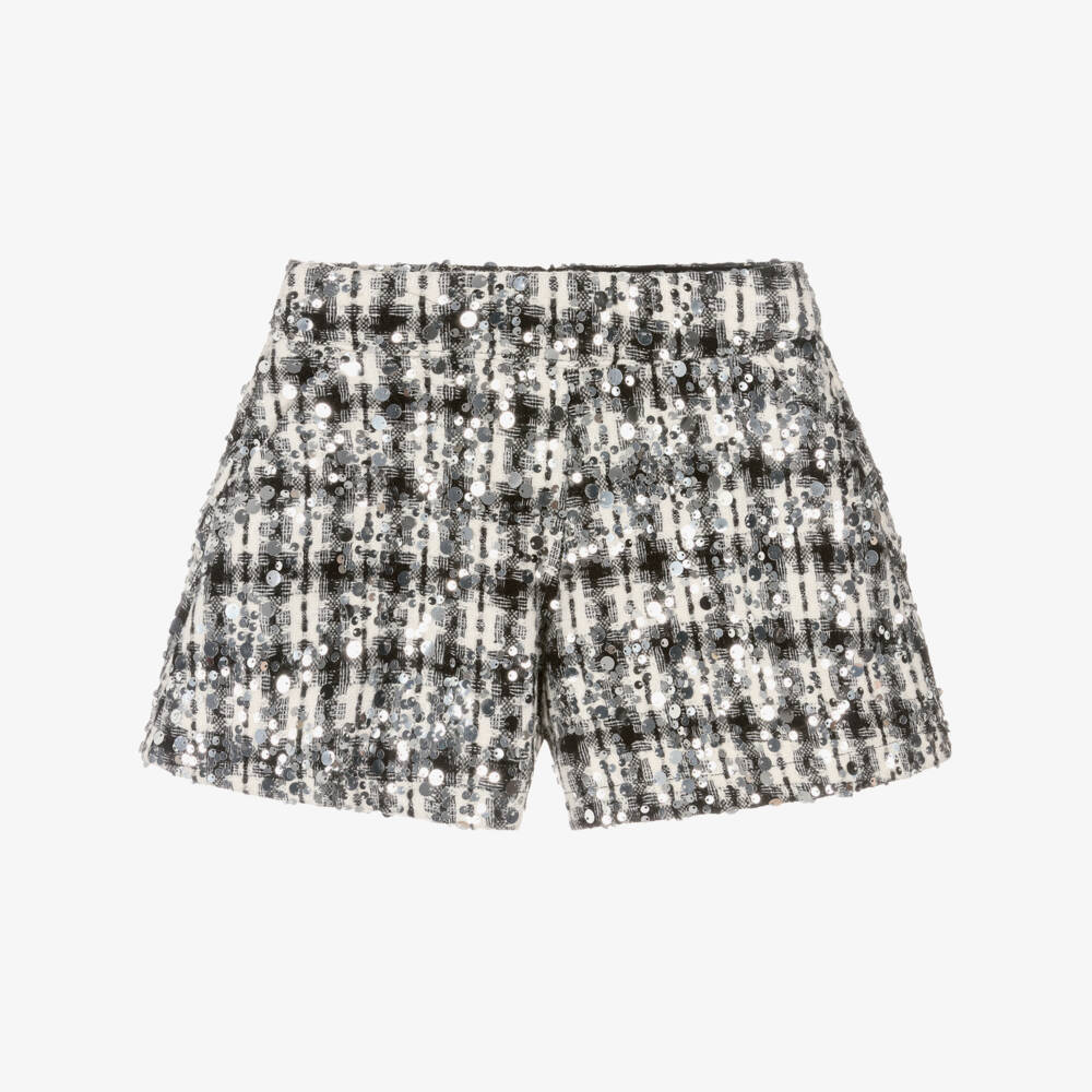 Fun & Fun-Girls Black & White Sequinned Tweed Shorts | Childrensalon Outlet