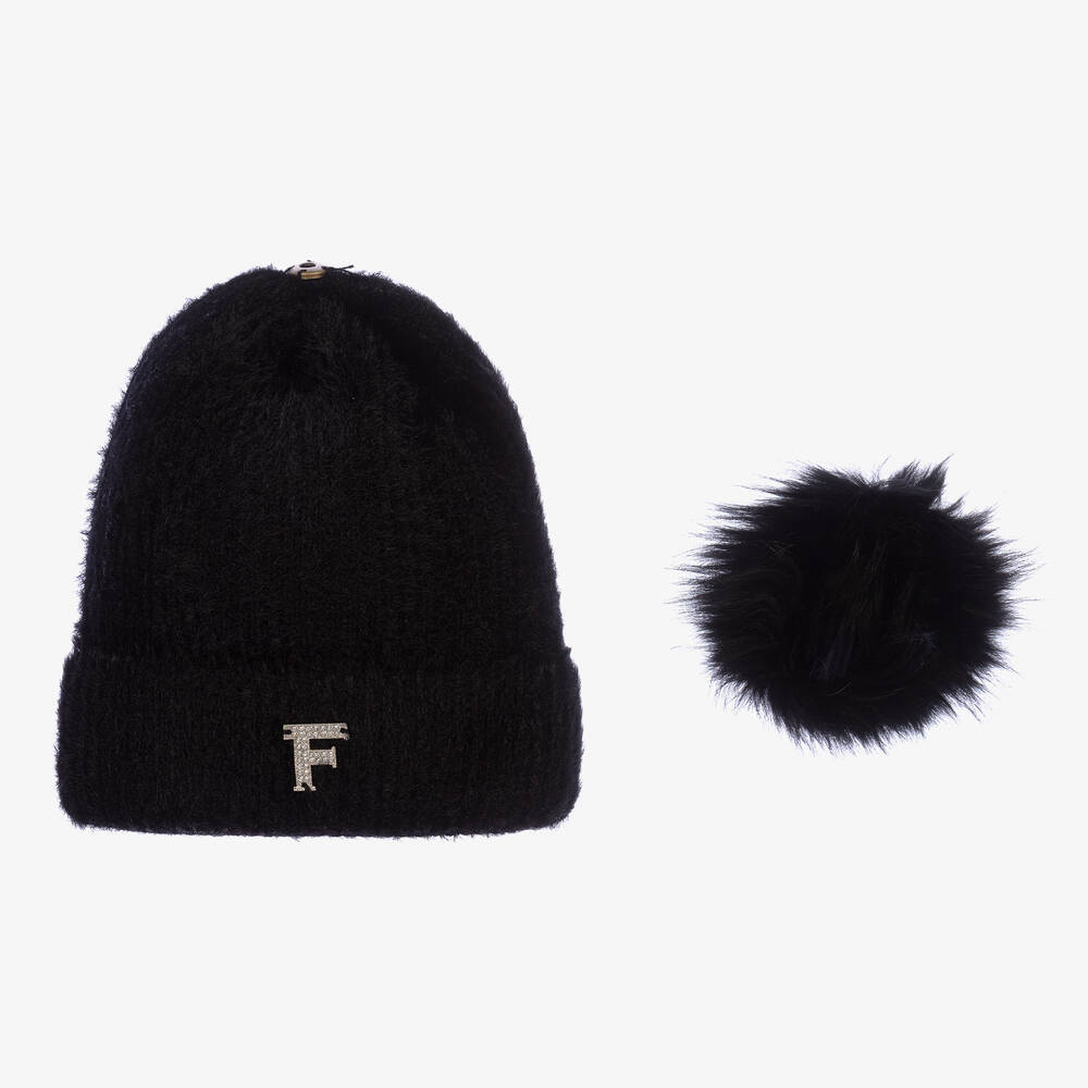 Fun & Fun-Girls Black Wool & Cashmere Pom-Pom Hat | Childrensalon Outlet