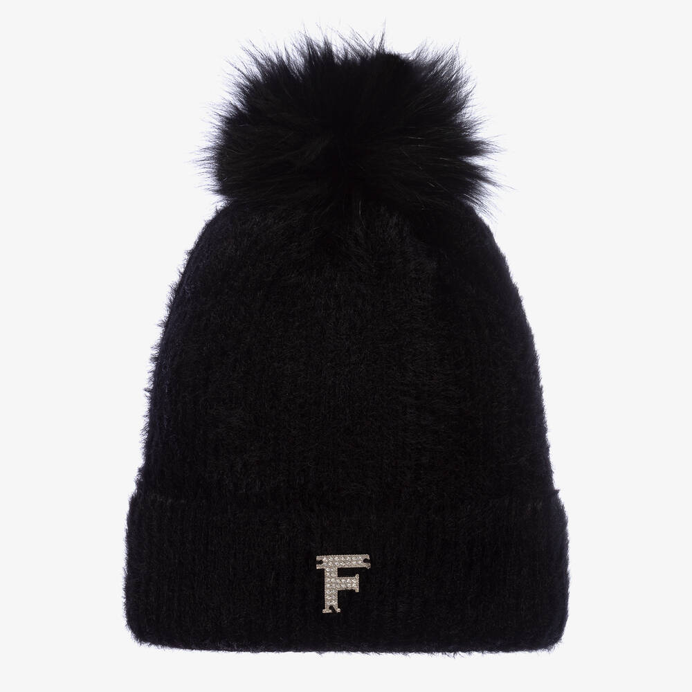 Fun & Fun - Girls Black Wool & Cashmere Pom-Pom Hat | Childrensalon