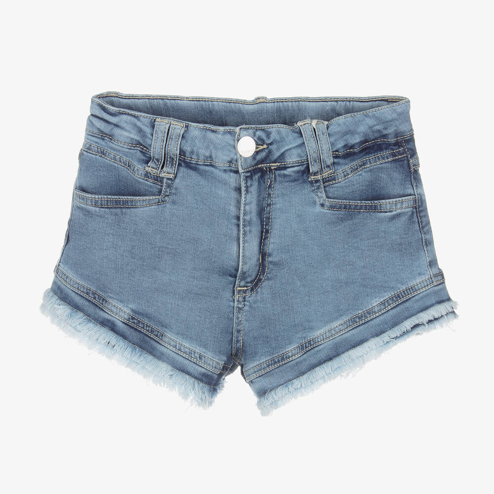 Short bleu en jean effiloche fille