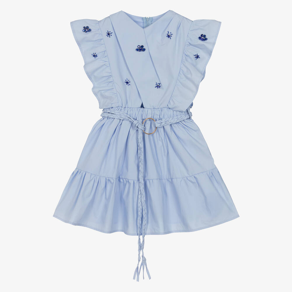 Fun & Fun-Girls Blue Jewelled Poplin Dress | Childrensalon Outlet