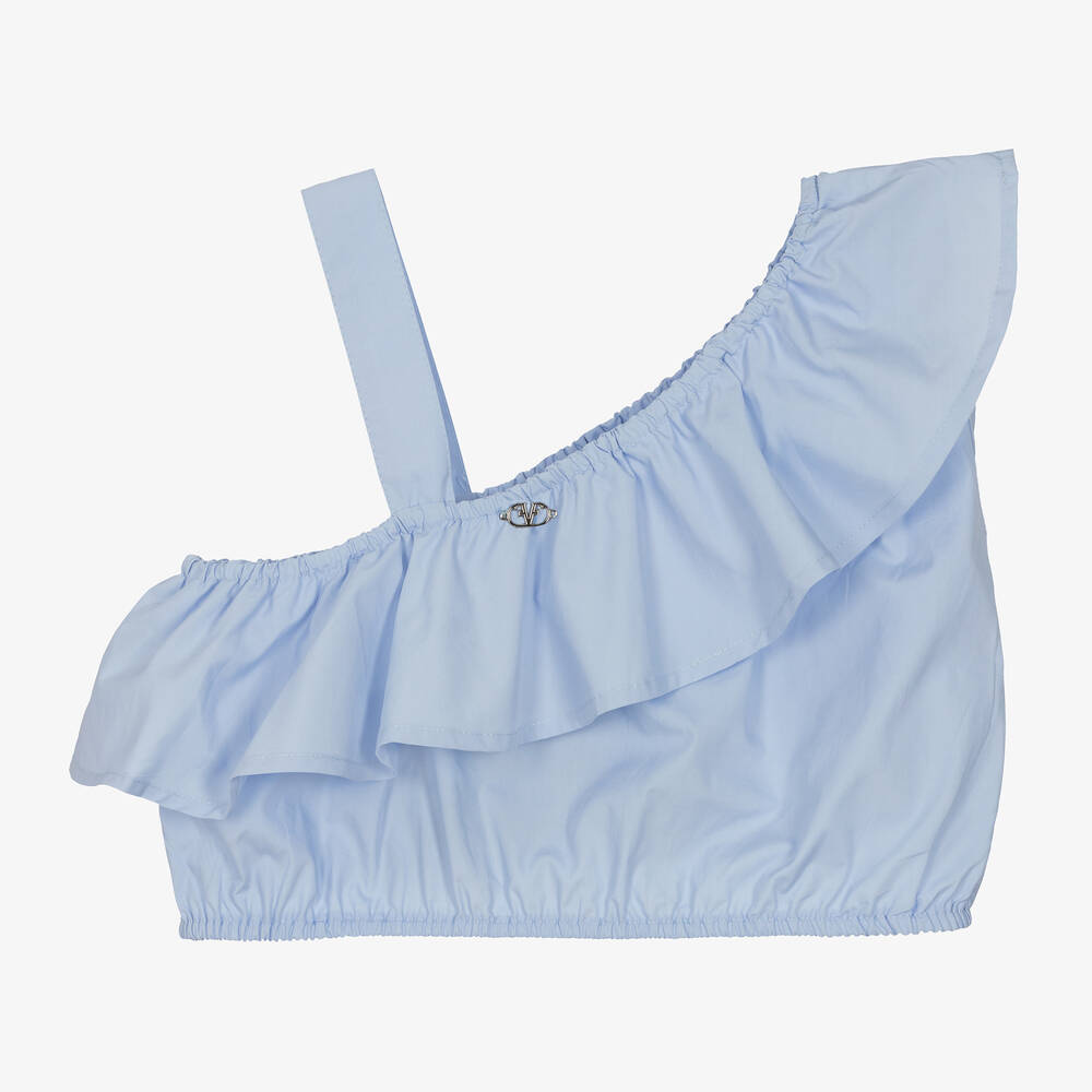 Fun & Fun-Girls Blue One-Shoulder Cropped Cotton Blouse | Childrensalon Outlet
